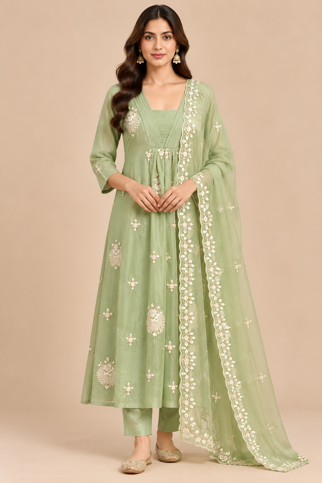 Sage Green Embroidered Anarkali Kurta Pant Set with Floral Dupatta
